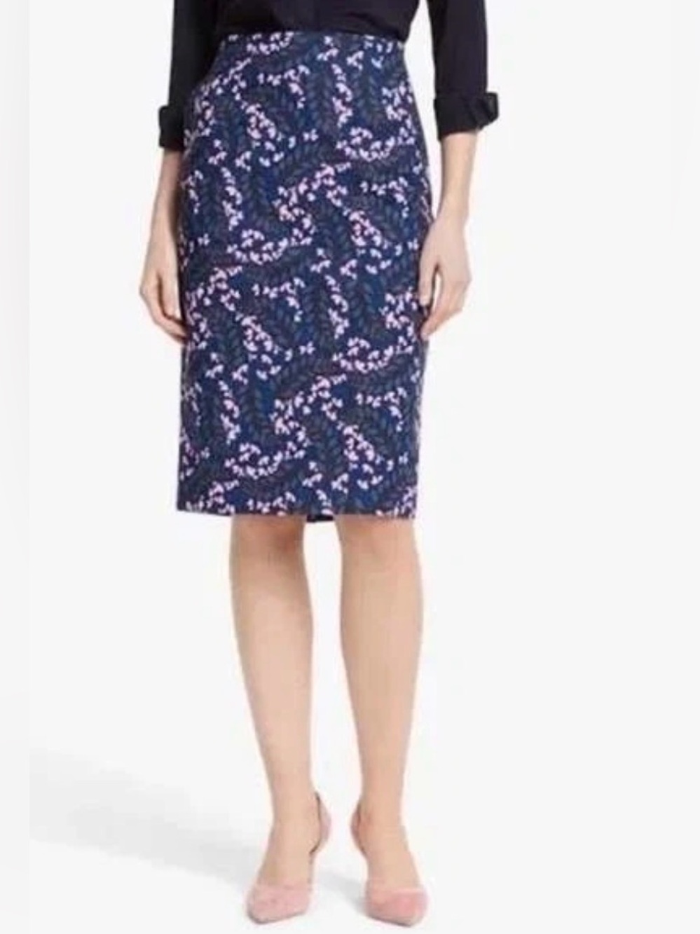 Boden Kensington Stretch Cotton Pencil Skirt Navy Blue Vine Pattern